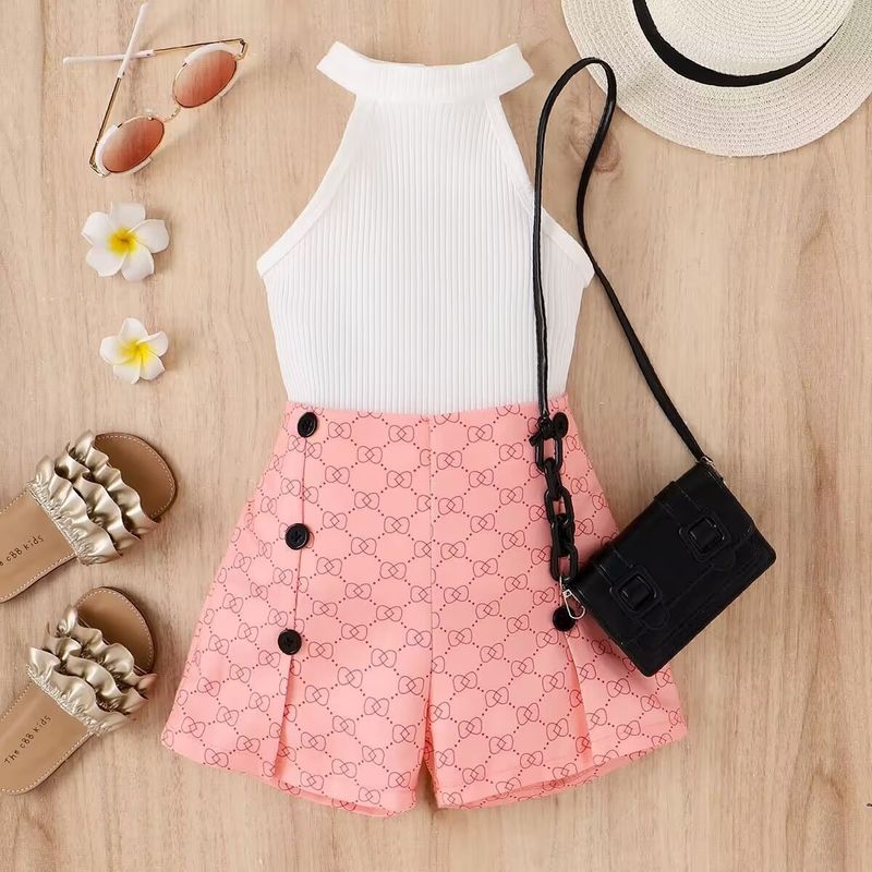 Baby Clothing Spring/summer sleeveless top with halter neck + reading shorts two-piece set for children and girls_voghion.com