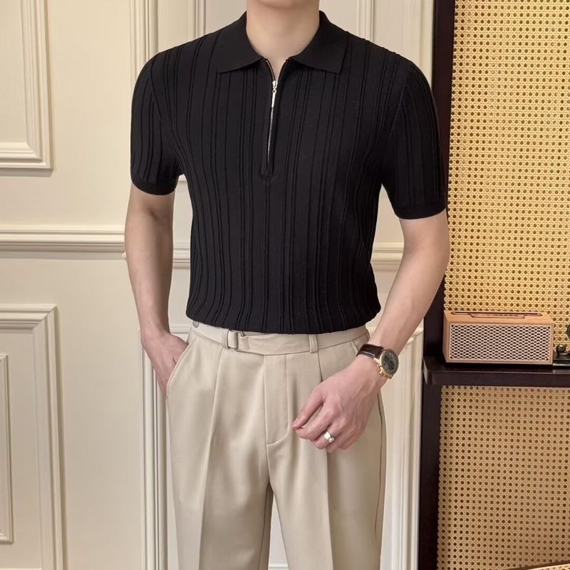 Herrenbekleidung Herren Slim Fit Kurzarmhemd - Atmungsaktives Sommer-T-Shirt mit stylischem Kragen, lässig & trendig für den Alltag (Weiß, Schwarz)_voghion.com