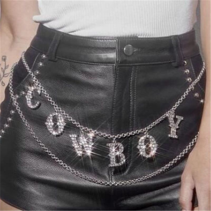 Stylish rhinestone inlaid letter pendant wave fringe chain waist chain waist adornment_voghion.com