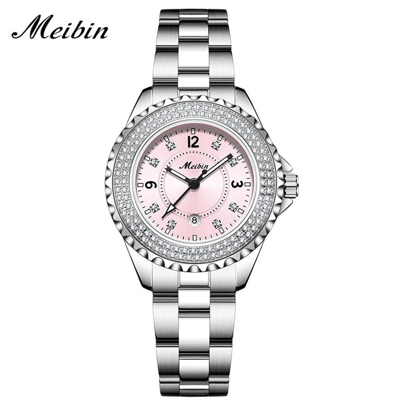 Meibin's new diamond inlaid calendar full sky star watch, water ghost waterproof steel band women's watch_voghion.com