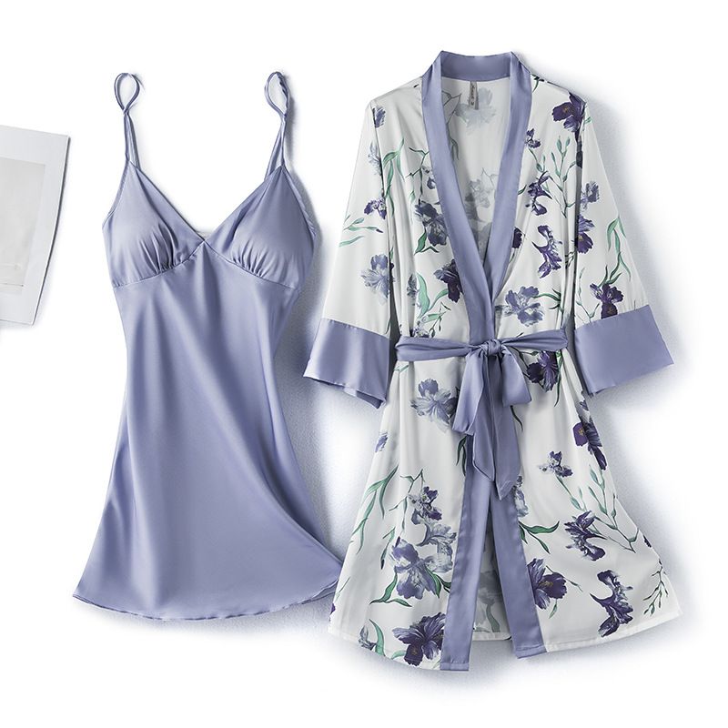 Ice Silk Pajamas Women's Thin Sexy Two-piece Suit Spring and Autumn Long-Sleeved Nightgown Suspender Breast Pad Nightdress Home Clothes_voghion.com