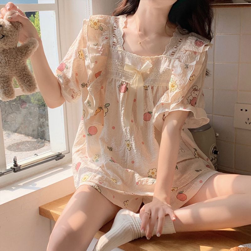 Pajama women's woven bubble cotton wrinkled cloth short sleeved nightgown princess style skirt loose home clothes dress_voghion.com