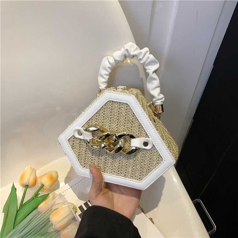 Sommerliche, strukturierte Nischen-Design-High-End-Vielseitige Casual Chain Stroh-Umhängetasche mit Farbblockierung und Plissee_voghion.com