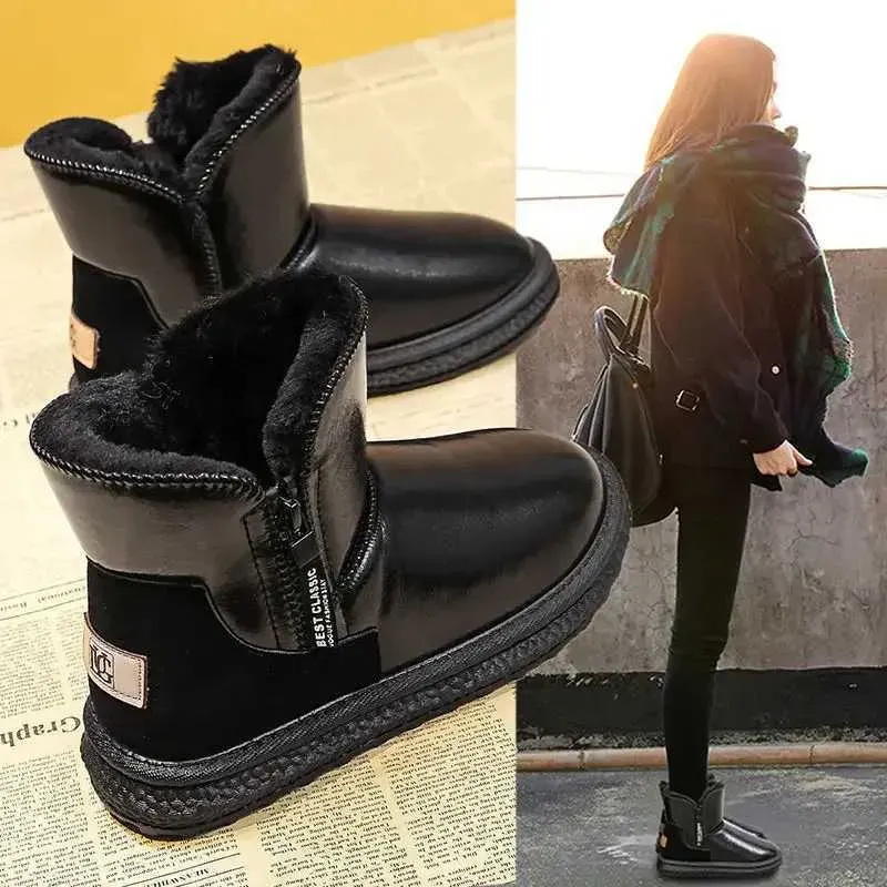 Botas y zapatos de invierno cálidos de algodón con cremallera gruesa, impermeables, antideslizantes y con piel integrada para mujer, tallas grandes 6,5_voghion.com