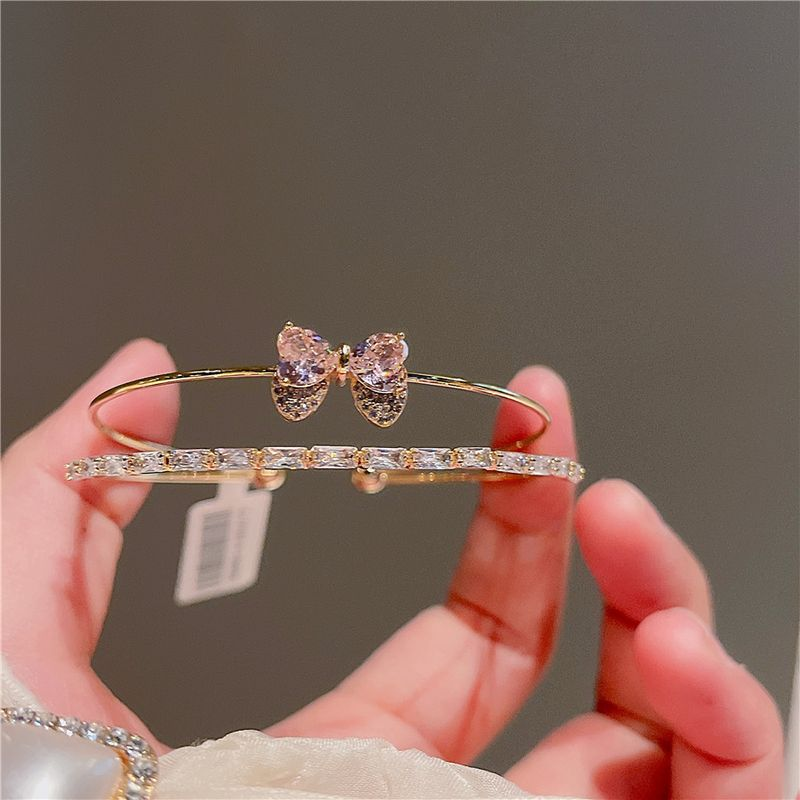 Bracciale JOJOACC a doppio strato coordinato con fiocco rosa, placcato in oro 14 carati, zircone e temperamento_voghion.com