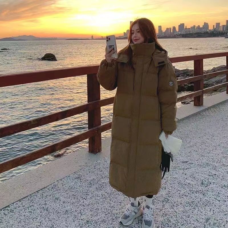 Women’s Oversized Long Puffer Coat – Knee-Length Winter Jacket In Black/Khaki (S-XL), Bio-Down Filled, Loose Literary Style_voghion.com