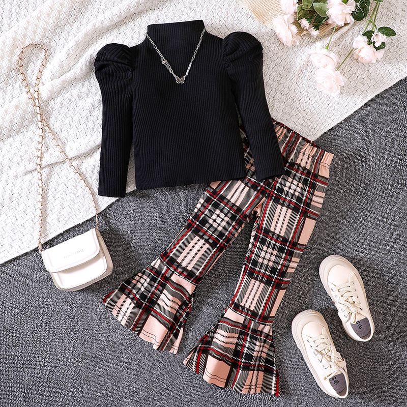 EW Abbigliamento per bambini Nuovo prodotto per ragazze autunno e inverno, camicia con fondo manica a palloncino, set pantaloni a quadri TZ672-C_voghion.com