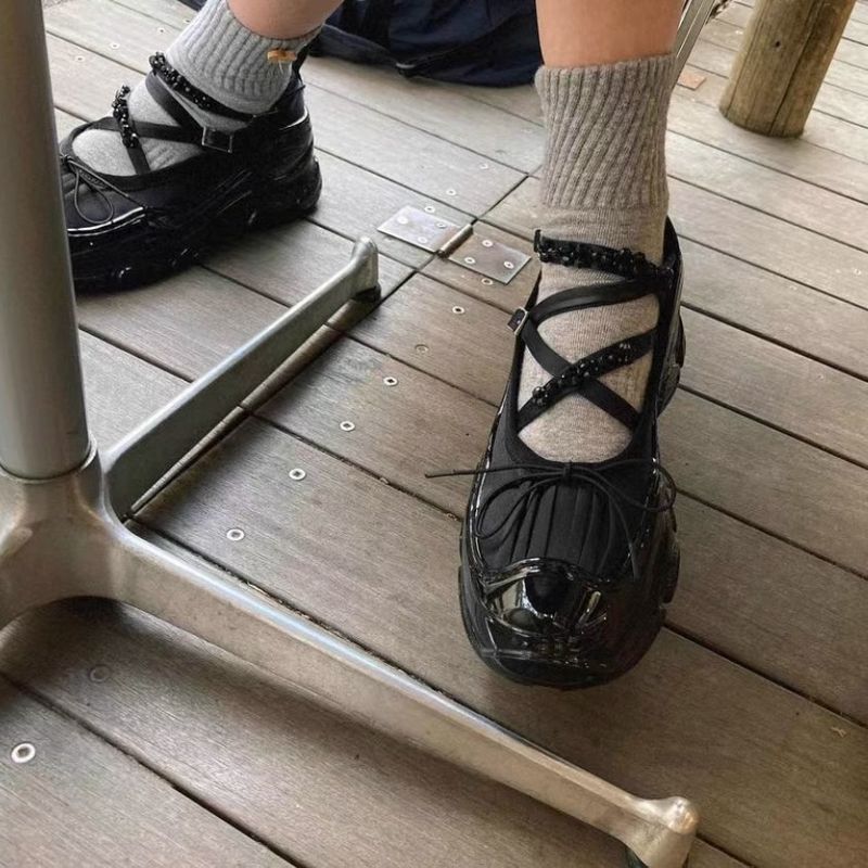 Verze z ovčí kůže ~ Pravé baletní mokasíny s tlustou podrážkou, dámské mašle, mašle, jednoduché boty Mary Jane, malé kožené_voghion.com