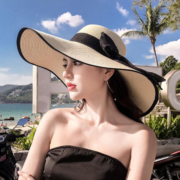 New Arrivals outdoor Seaside woman fashion big Bow large brimmed Sun Protection Cap Foldable Straw Hat_voghion.com
