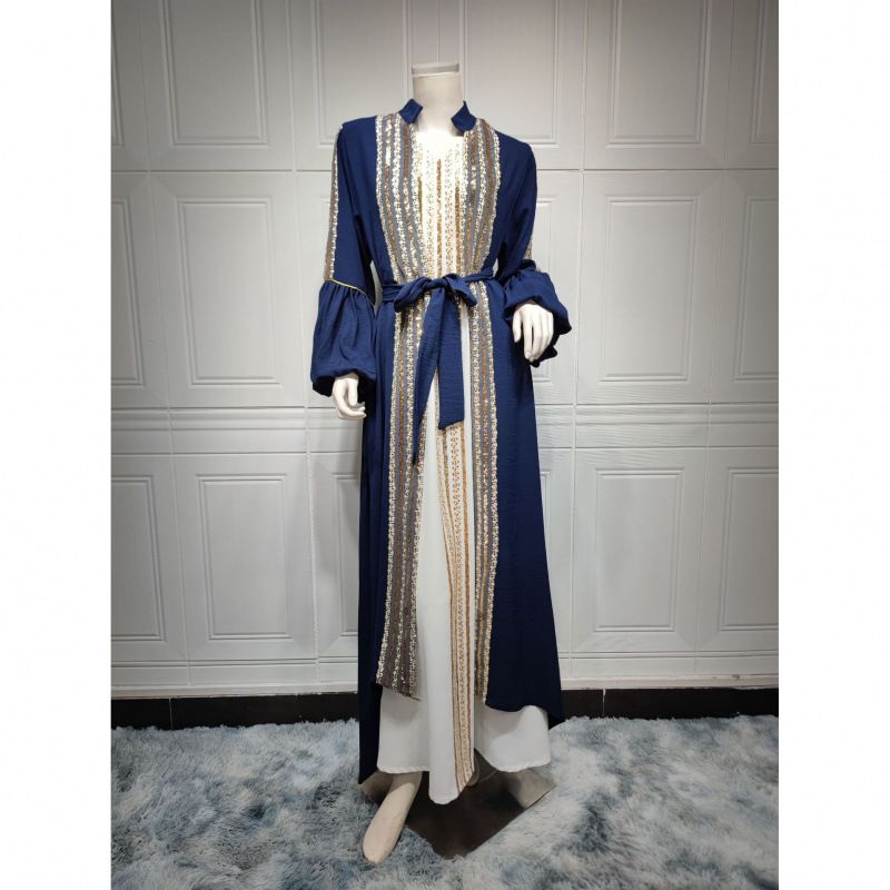 Keweit Long Robe Muslim Fashion Women's Clothing Sequin Embroidery Two-Piece Set Puff Sleeve Dress_voghion.com