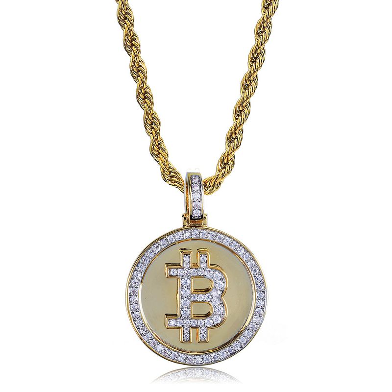 Men's Jewelry Bitcoin Pendant Necklace With Gold Plated Micro-Pave Zirconia, 24-Inch Twist Chain, Hip Hop Style For Men And Women_voghion.com