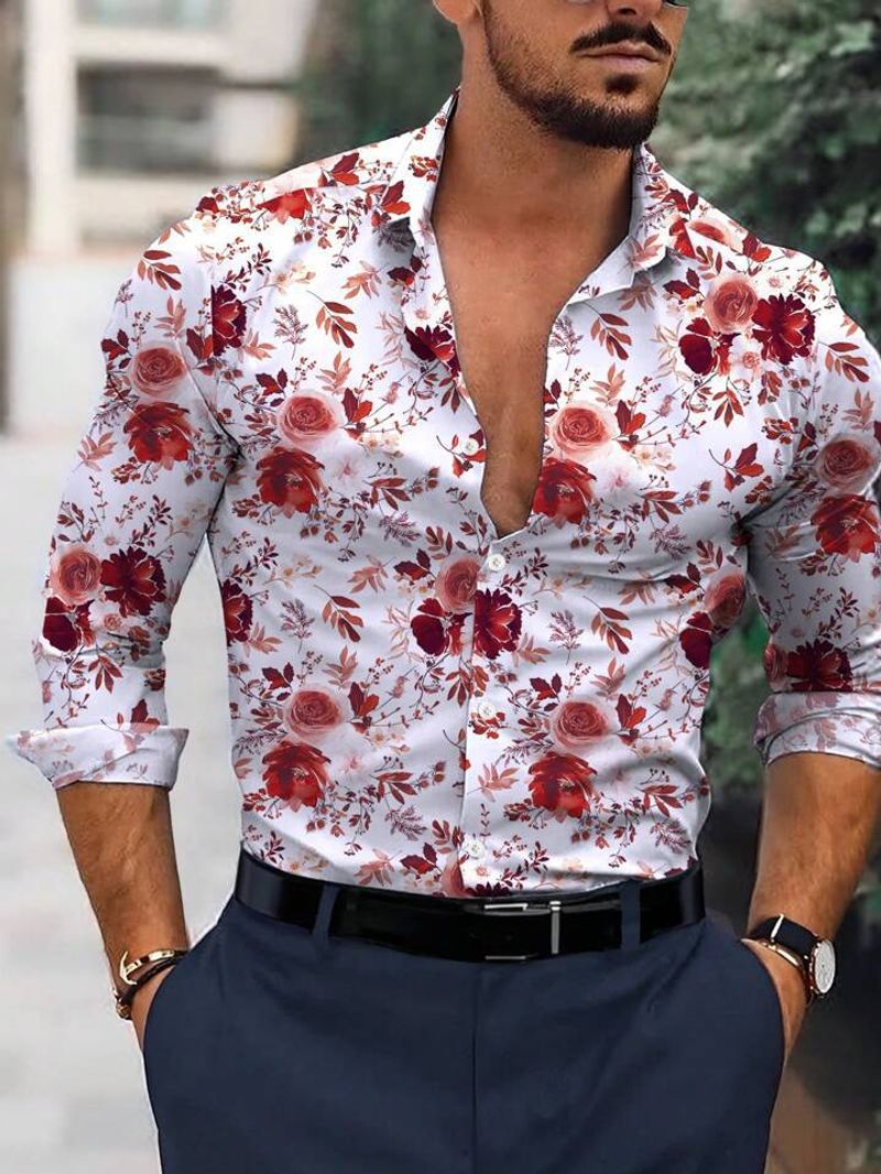 Herreklær Langermede Skjorter Firesidig Stretch Blomsterprint Trendy Allsidig Langermet Skjorte_voghion.com