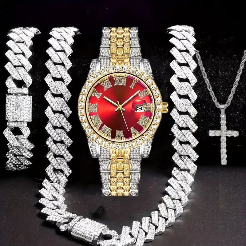 Watch Gift Set Popular Diamond Encrusted Luxury Steel Band Quartz Watch And Diamond Encrusted Hip Hop Cuban Bracelet Matching Watch_voghion.com