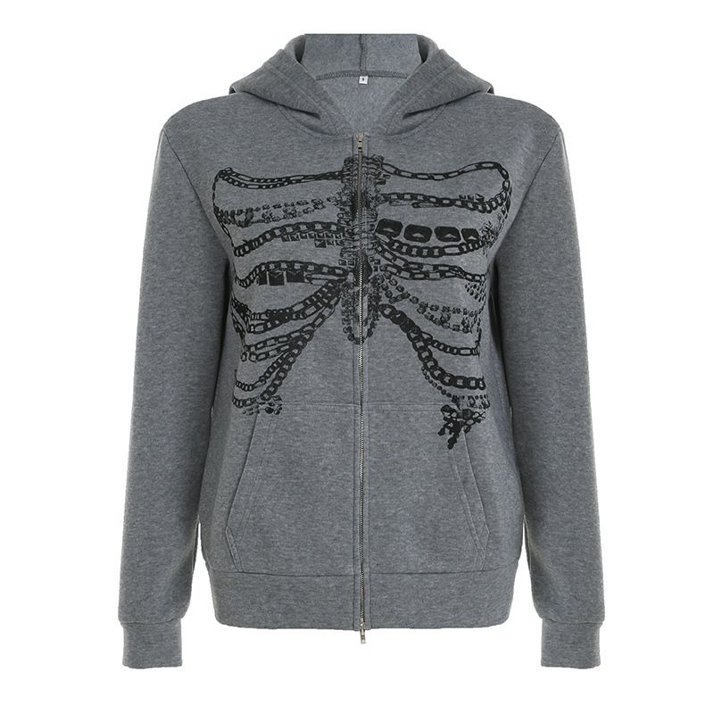 Personalized Dark Style Breastbone Print Hooded Cardigan Sweatshirt With American Niche Design, Loose Casual Jacket_voghion.com