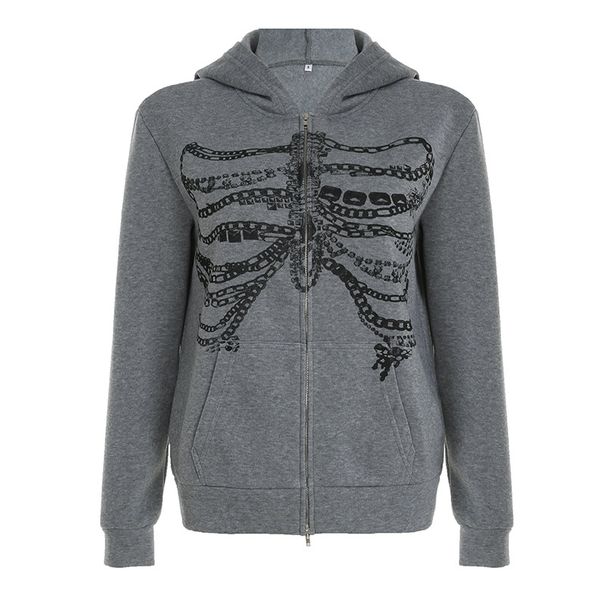 Personalized Dark Style Breastbone Print Hooded Cardigan Sweatshirt With American Niche Design, Loose Casual Jacket_voghion.com