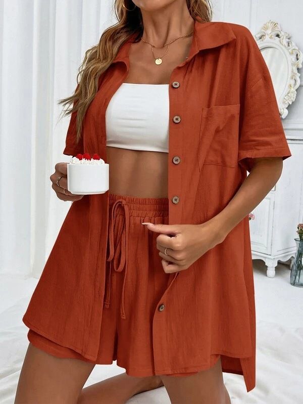 Dameskleding Mode Shorts Tweedelig Effen Kleur Overhemd Pak Casual Los Korte Mouw Enkelrijs_voghion.com