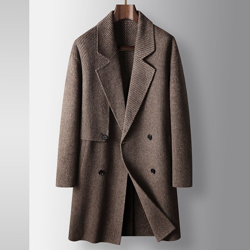 Men's Oversized Wool Blend Coat With Double Breasted Closure, Longline Relaxed Fit Overcoat For Winter, Mid-Length Casual Trench Coat In Khaki Grey​​_voghion.com