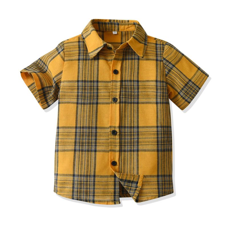 Camisa corta a cuadros amarilla para niños de talla pequeña y mediana, vestido tipo cárdigan de manga corta de verano para bebés para ropa de abrigo_voghion.com