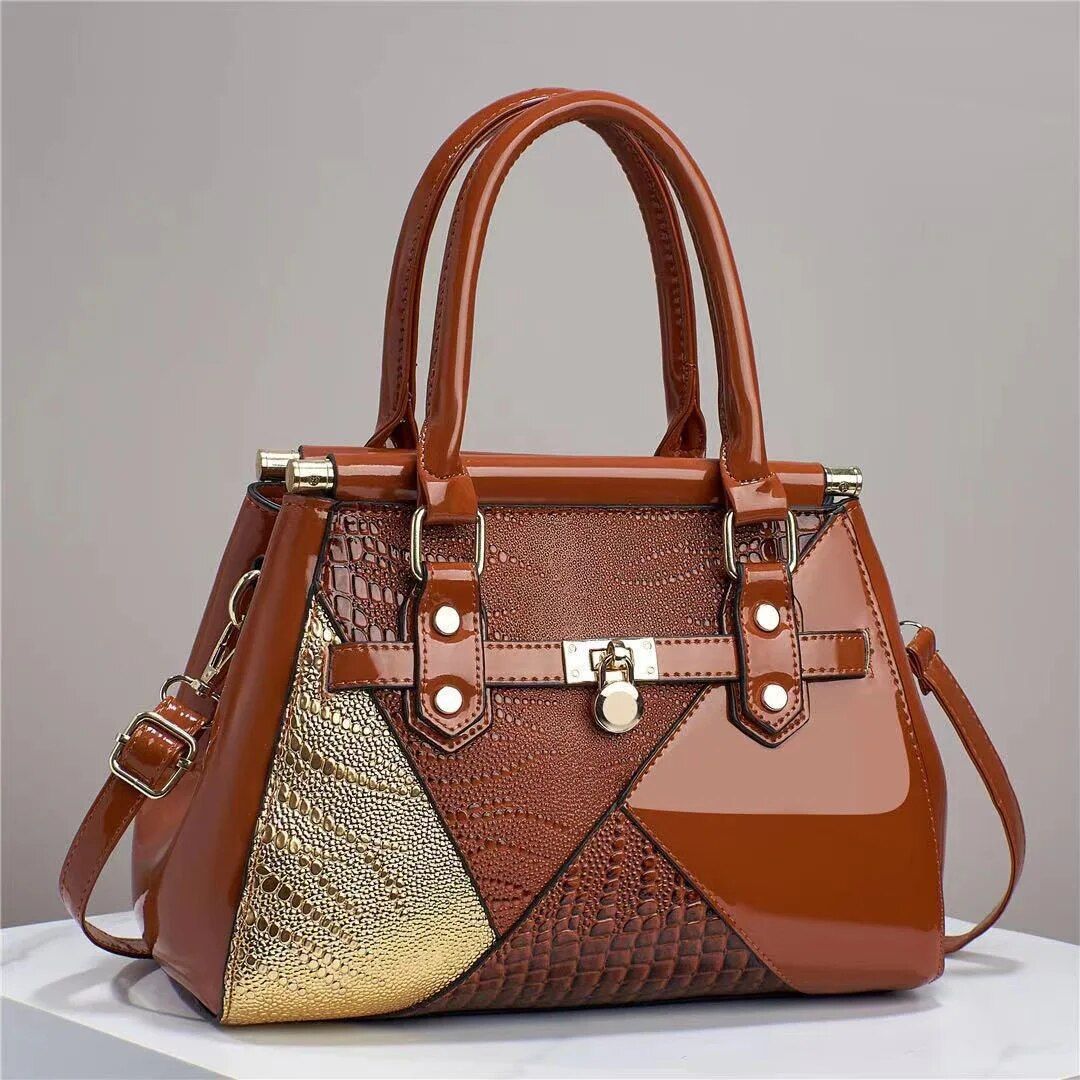 Spliced Bright Leather Large Capacity Single Shoulder Diagonal Straddle Women's Crocodile Patterned Handbag PU Crossbody_voghion.com