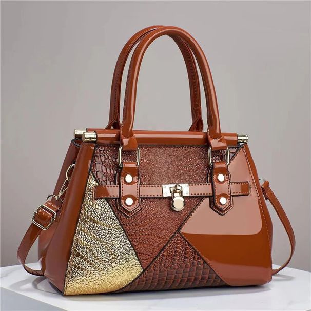 Spliced Bright Leather Large Capacity Single Shoulder Diagonal Straddle Women's Crocodile Patterned Handbag PU Crossbody_voghion.com