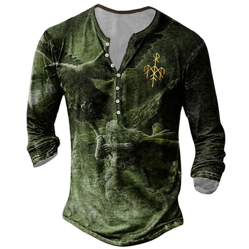 Herrenbekleidung Offene Knopfleiste Sieben-Knopf-T-Shirt Retro-Wikinger-Grafikdruck Herren-Langarm-T-Shirt in großer Größe_voghion.com