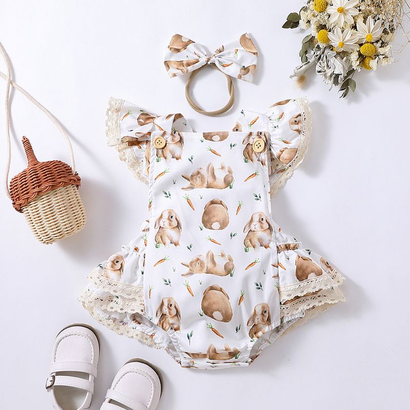 Babykleidung Baby-Mädchen-Krabbelanzug mit Osterhasen-Aufdruck, fliegenden Ärmeln, Dreiecks-Krabbelanzug_voghion.com