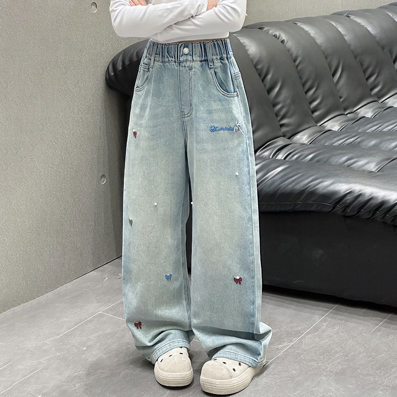 Otroška oblačila Pomladne in jesenske široke hlače Dekliške spomladanske biserne ravne hlače_voghion.com