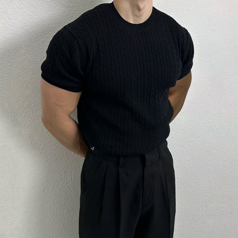 Men's Sweaters New Men's Casual Solid Color Short Sleeved Knitted Tops Repair Cross Border_voghion.com