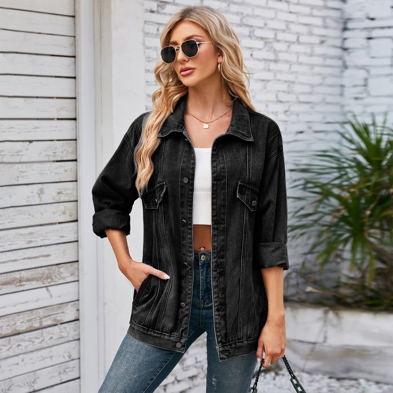 Veste en jean effet vieilli pour femme, manteau surdimensionné à manches longues, style streetwear, mode automne, coupe ample, vêtements d'extérieur décontractés_voghion.com