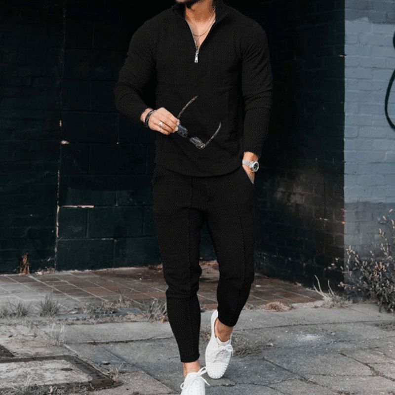 Sonbahar Polo spor 2022 erkek moda rahat Yarım Zip dik yaka takım elbise_voghion.com