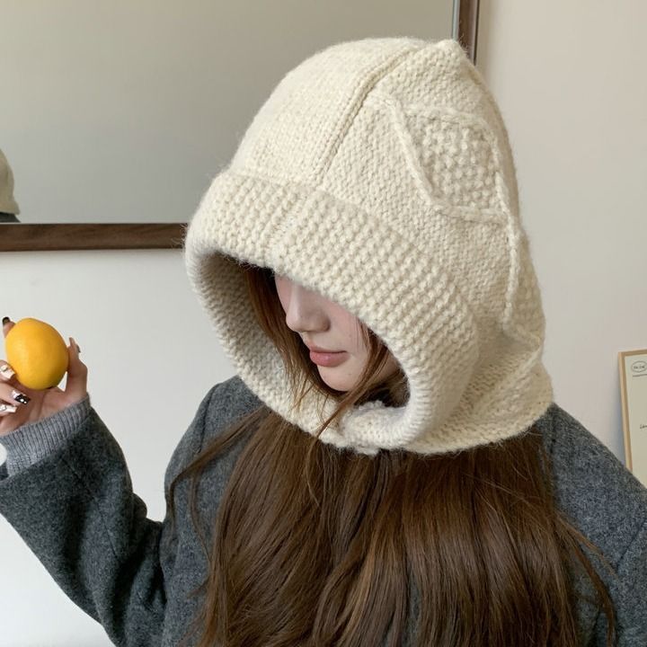Korean winter new big version balaclava children's warm coarse linen pattern horn button ear muff head cap_voghion.com