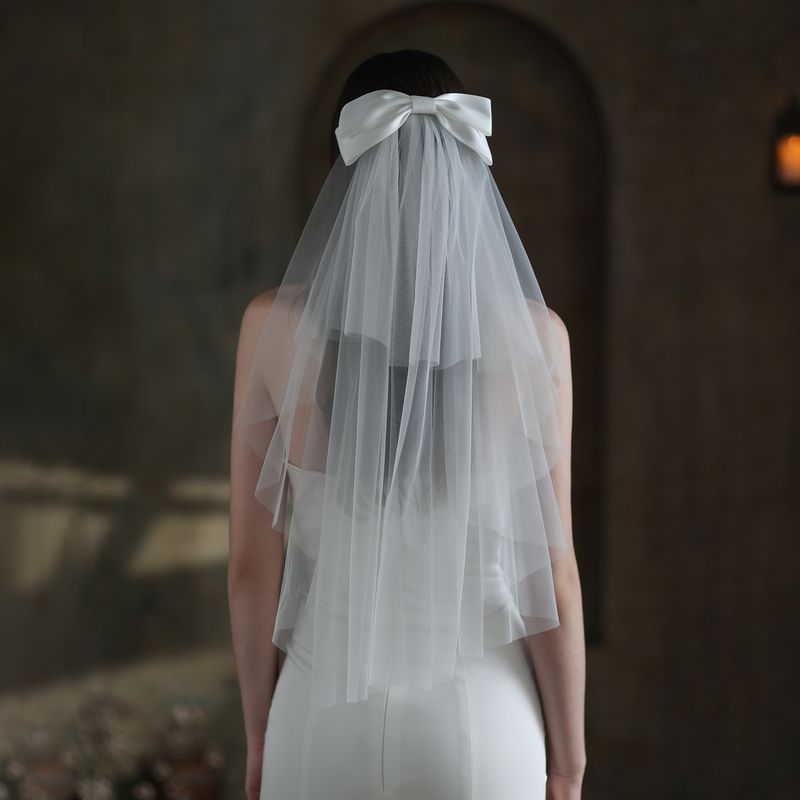 Unisex Super fairy Bow bridal veil with vintage white double layer wedding photo accessory_voghion.com