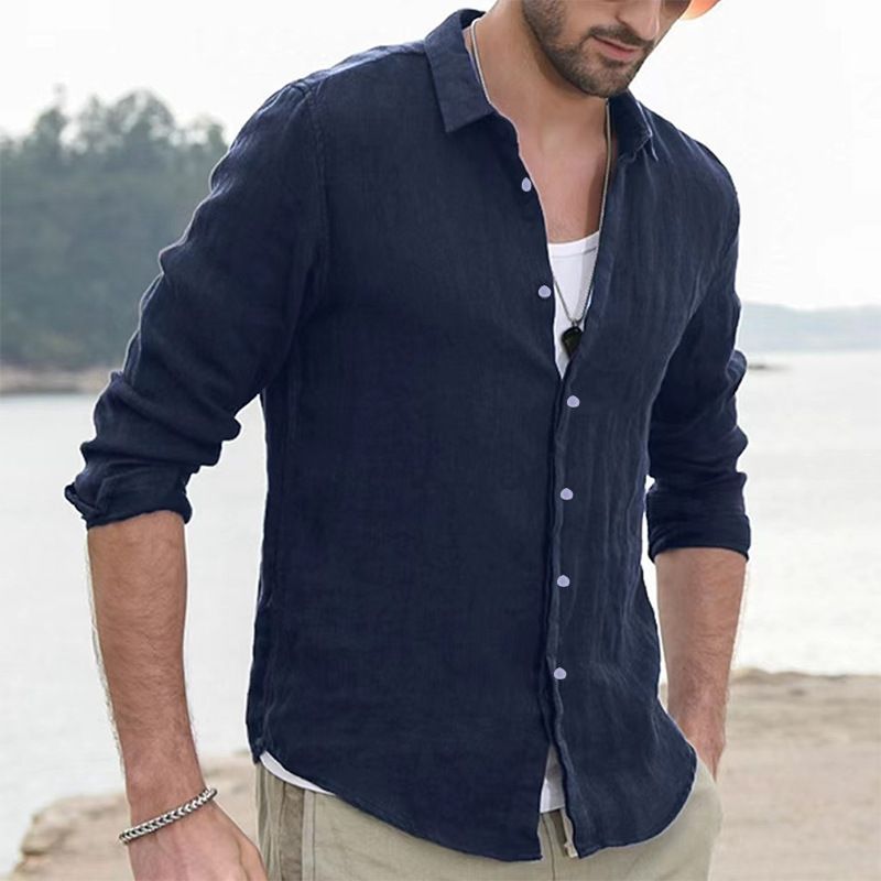 2024 cárdigan con cuello alto nueva camisa casual de manga larga de algodón y lino de color sólido para hombres_voghion.com