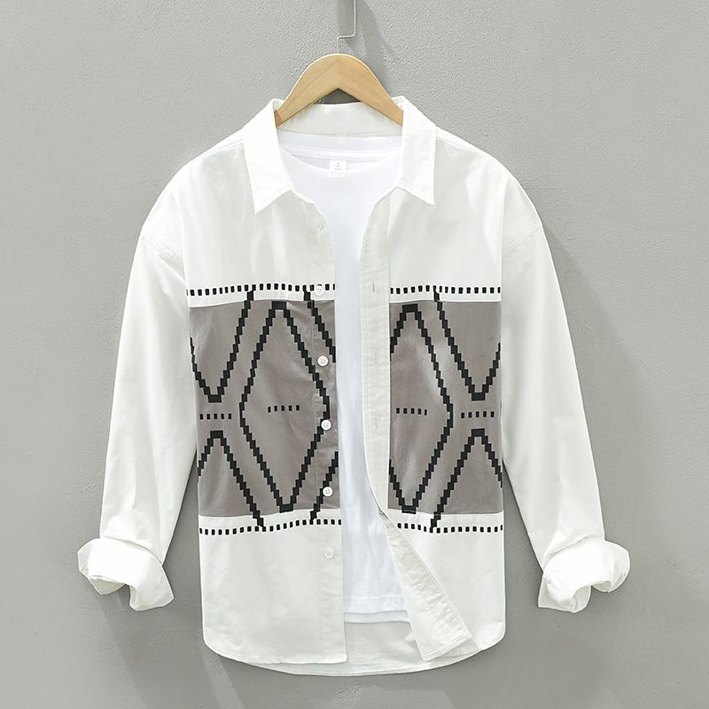 1361 trend print stitching long-sleeved shirt loose casual top literary cotton shirt jacket one piece hair_voghion.com