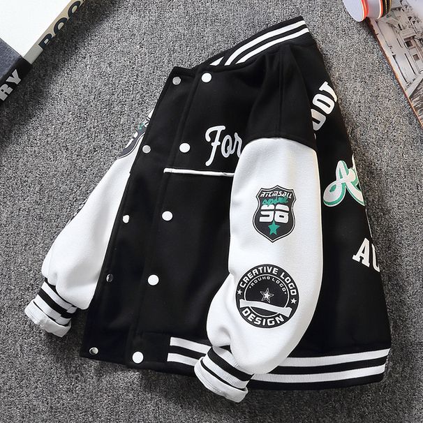 Baseballjacke für Jungen von Mother & Kids für Frühling und Herbst – trendige und hochwertige Oberbekleidung für Kinder von 6–12 Jahren (Schwarz/Grün, Buchstabendruck)_voghion.com
