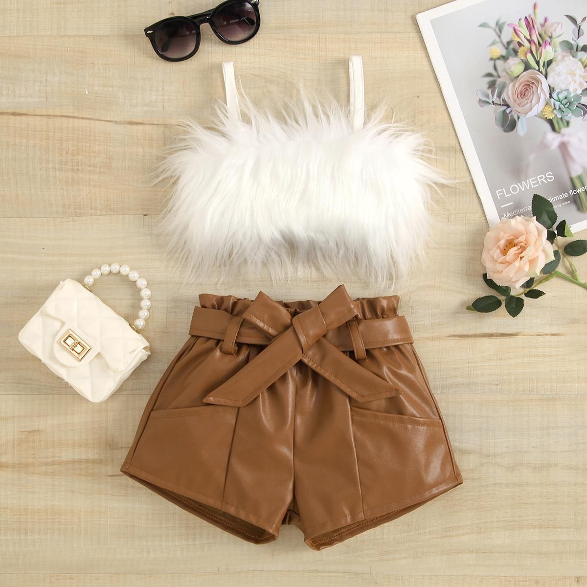 Baby Clothing Furry halter top Solid color open-pocket leather pantsuit with belt_voghion.com