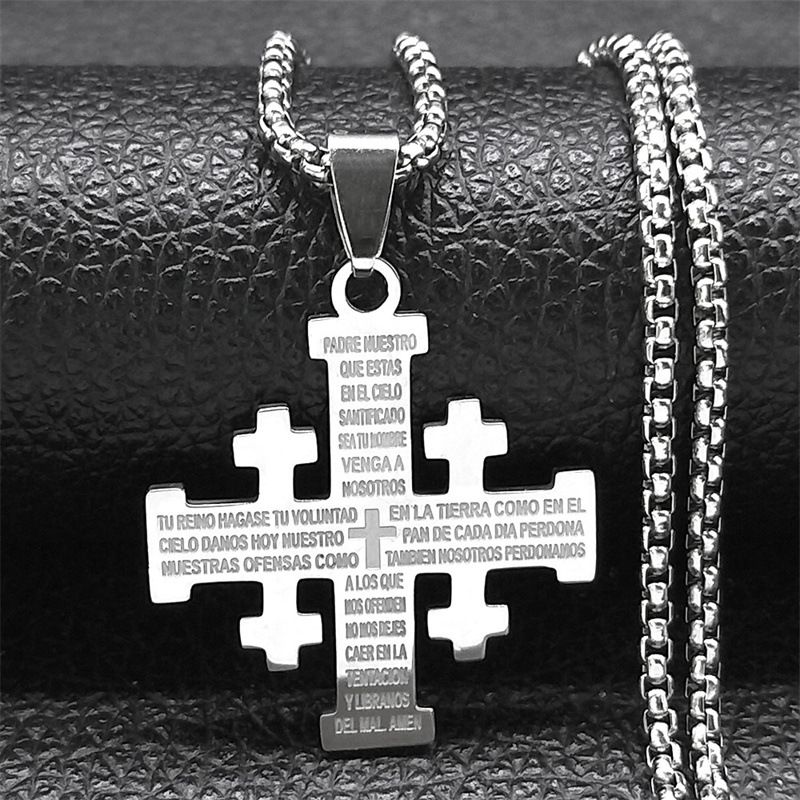 Collana da uomo in acciaio inossidabile con croce, ciondolo quadrato con testo di preghiera, alla moda, in oro e argento._voghion.com