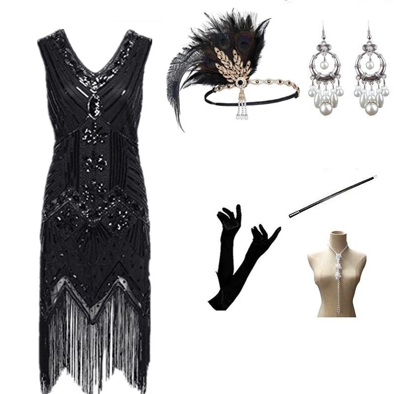 Abito da sera retrò anni '20 Gatsby abito da industria pesante con perline e nappe con scollo a V_voghion.com