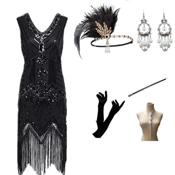 Abito da sera retrò anni '20 Gatsby abito da industria pesante con perline e nappe con scollo a V_voghion.com