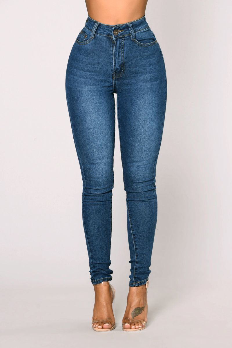 Pantalon en jean taille haute élastique pour femme_voghion.com