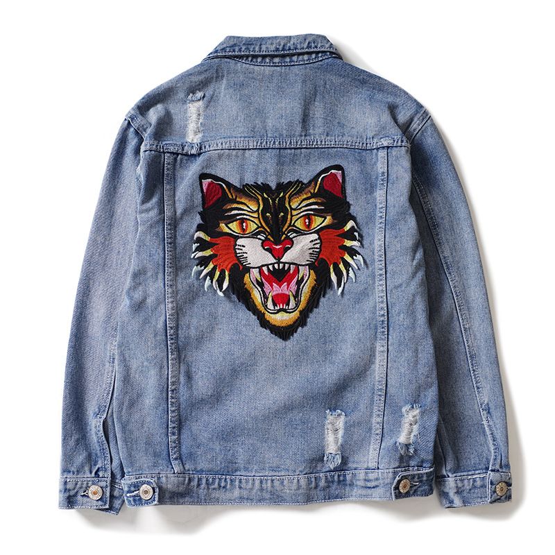 Marchio di abbigliamento maschile alla moda, giacca in denim con testa di gatto ricamata in modo squisito, stile maschile alla moda, camicia da coppia strappata per studenti_voghion.com