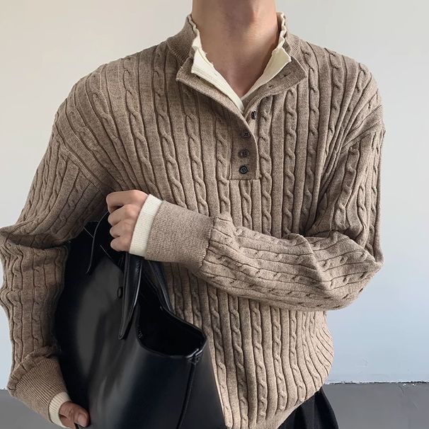 Men's Clothing Lazy Style Retro Knit Sweater Cable Knit Sweater With Henley Neckline - Relaxed Fit, Vintage Style, Casual Comfort For Everyday Wear_voghion.com