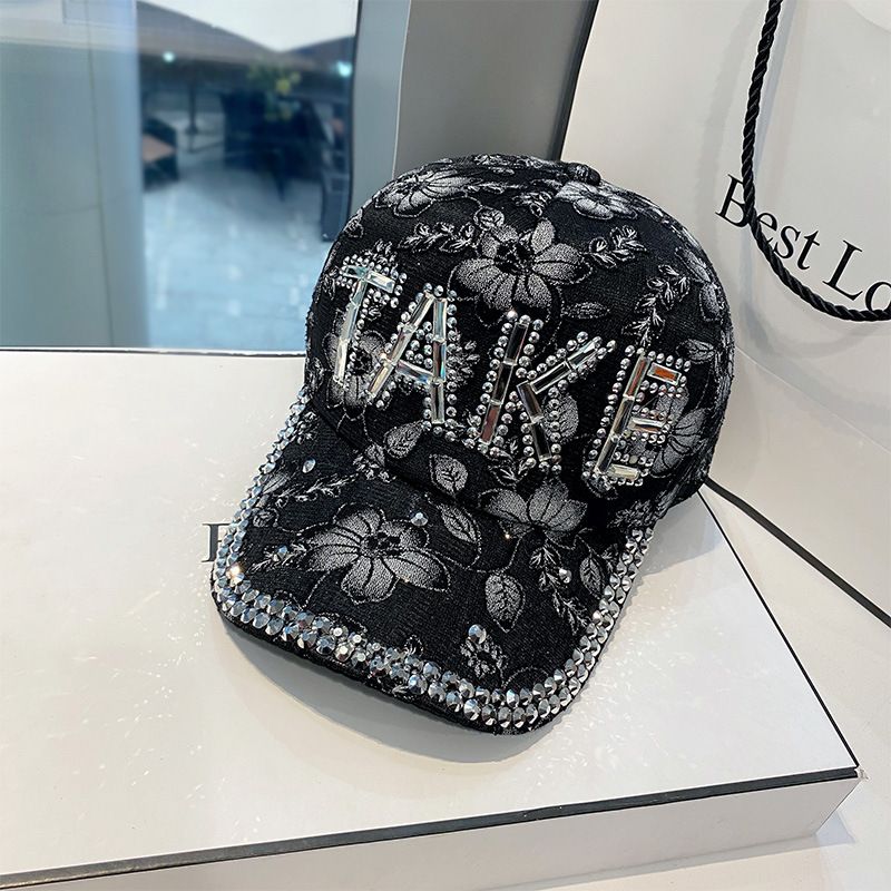 Novo chapéu de beisebol com letras de diamante coreano e renda de verão, protetor solar versátil, chapéu de língua de pato, capa feminina_voghion.com