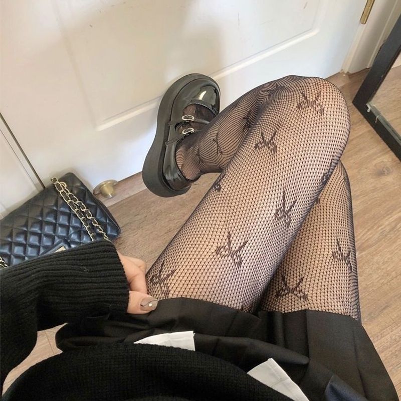 Jacquard mesh socks with bow tattoo, black stock, women's autumn winter slimming and sexy fishing net socks, JK_voghion.com