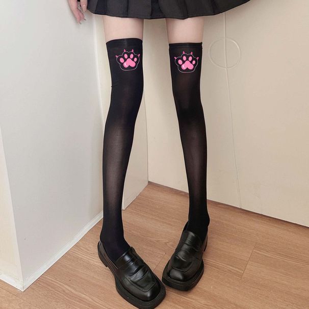 Calzini con testo da donna, calze di seta bianche, sottili con stampa di zampa di gatto, calzini lunghi Subculture, sopra il ginocchio da donna_voghion.com