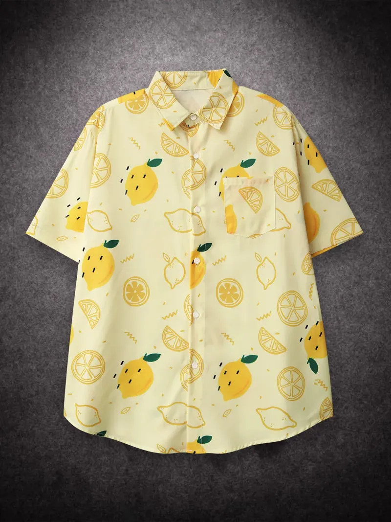Camicia hawaiana a maniche corte oversize con motivo a limone, da uomo, vintage, ampia, per abbigliamento estivo da spiaggia._voghion.com