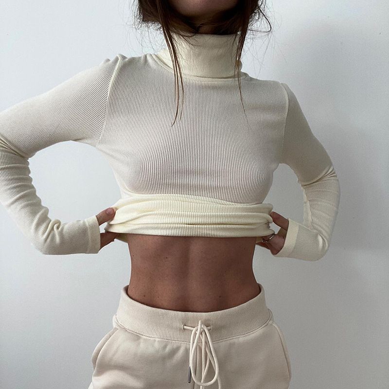 Høyhalset basisskjorte for dame vår og sommer 2024 Ny langermet innerlag Slim fit ensfarget Tettsittende tråd_voghion.com