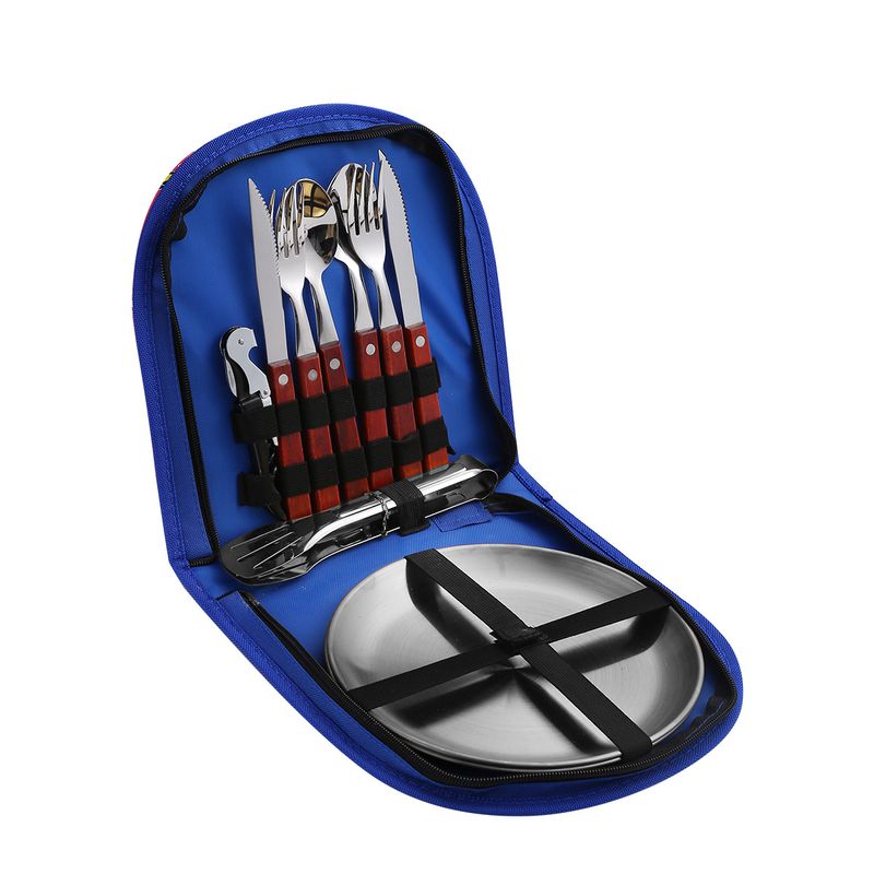 Set di posate da esterno in acciaio inossidabile, coltello western portatile, forchetta e cucchiaio, borsa per posate con manico in legno_voghion.com