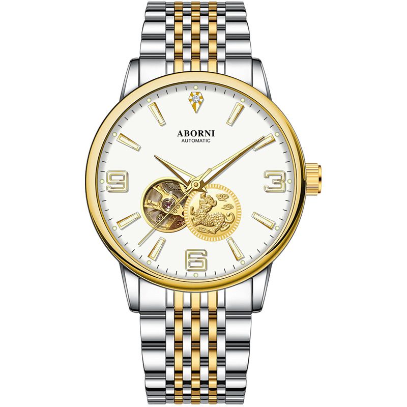 Orologio meccanico automatico scheletrato da uomo con cassa in acciaio inossidabile placcato oro, cronografo business resistente all'acqua, lancette luminose_voghion.com