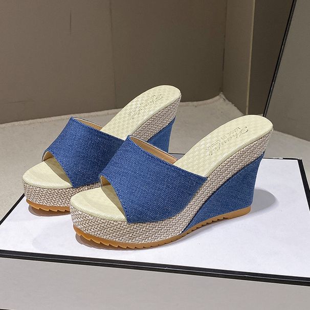 New denim flip-flops with thick soles, line and fish mouth_voghion.com